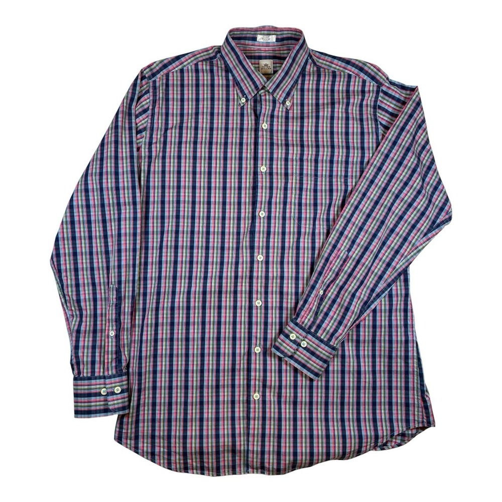 Peter Millar Men's L Blue Pink Plaid Button Down Seaside Finish 100% Cotton Golf